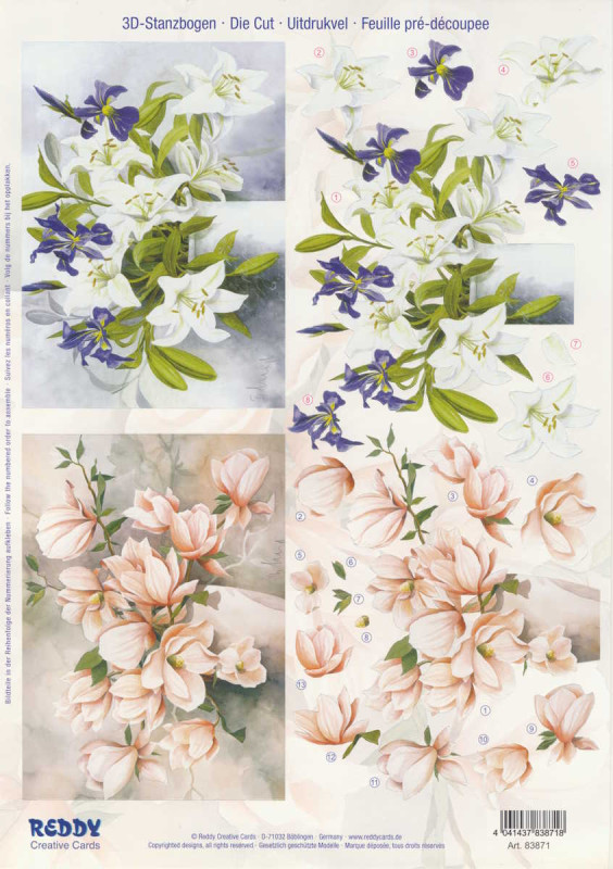 83871 3D Stanzbogen A4 Blumen Lilien und Magnolien