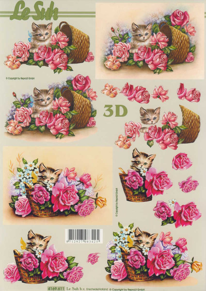 4169.611 3D Motivbogen A4 Katze im Blumenkorb