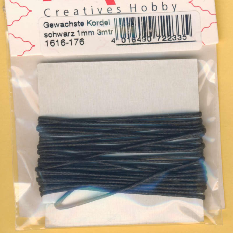 1616-176 Gewachste Kordel 1mm schwarz 3m