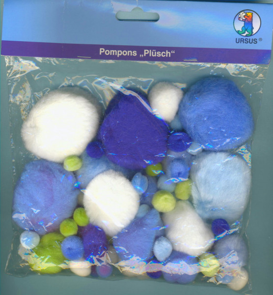 39500004 Pompons Plüsch blau türkis Mischung 60 Stück