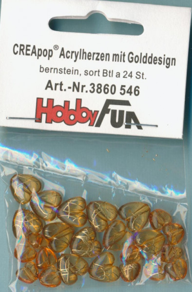 3860546 Acrylperlen Herzen mit Golddesign bernstein 24 Stück