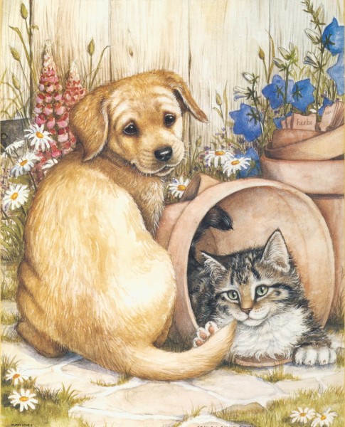 1514215 Motivbögen Hund und Katze in Garten für 3D Reliefbild