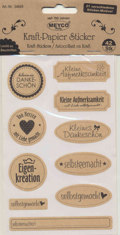 34849 Kraft-Papier Sticker Danke 42 Stück Blatt 1