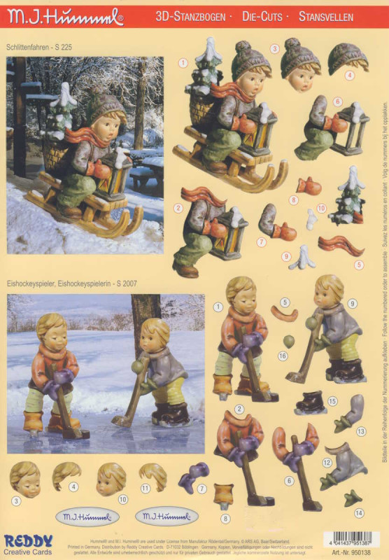 950138 3D Stanzbogen A4 M I Hummel Schlittenfahren