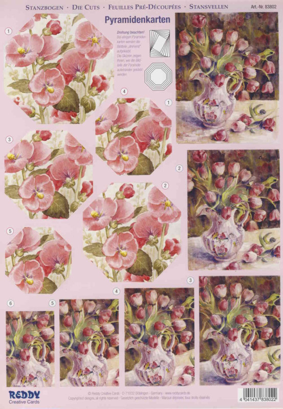 83802 3D Stanzbogenset A4 Pyramidenkarten Blumenmotive rosee-lachs