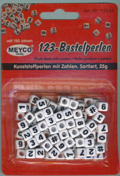 13264 123-Bastelperlen Zahlen 7mm Würfel schwarz weiß 25g