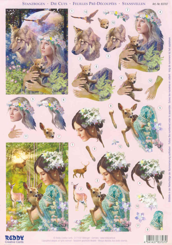 83707 3D Stanzbogen A4 Wolf und Rehkitz Fantasy