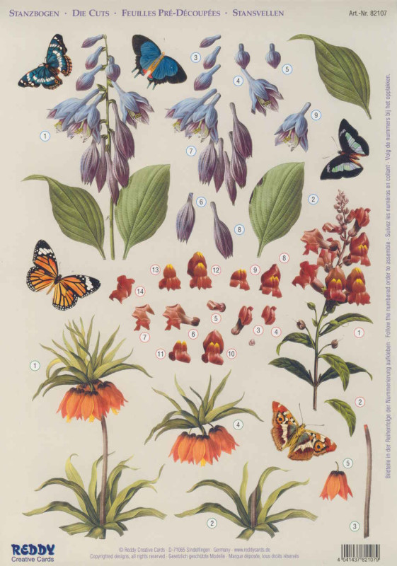 82107 3D Stanzbogen A4 Löwenmäulchen Lilien und Kaiserkrone