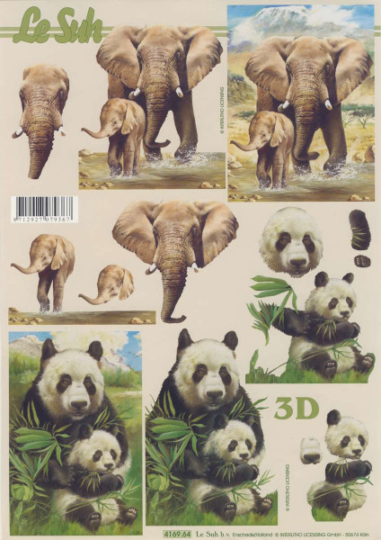 4169.64 3D Motivbogen A4 Pandabär und Elefant