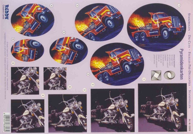 83808 3D Stanzbogenset A4 Pyramidenkarten Fahrzeuge Truck und Harley
