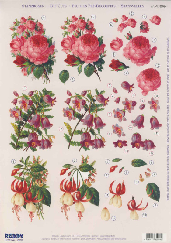 82094 3D Stanzbogen A4 Teerose und Glockenblume