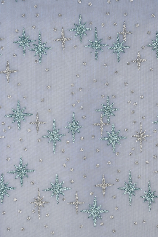 3981452 Vlies Organza Sterne blau silber