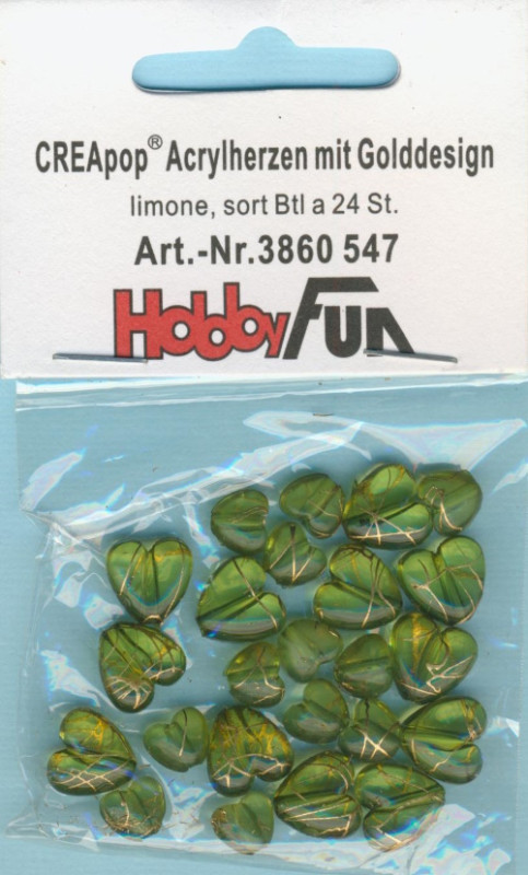 3860547 Acrylperlen Herzen mit Golddesign limone 24 Stück