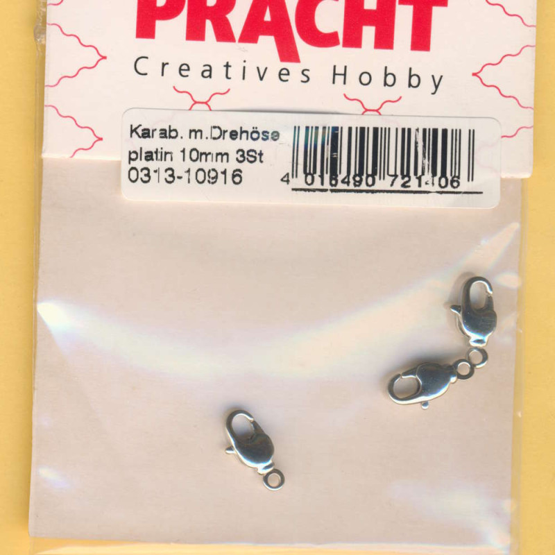 0313-10916 Karabiner mit Drehöse 10mm platin 3 Stück