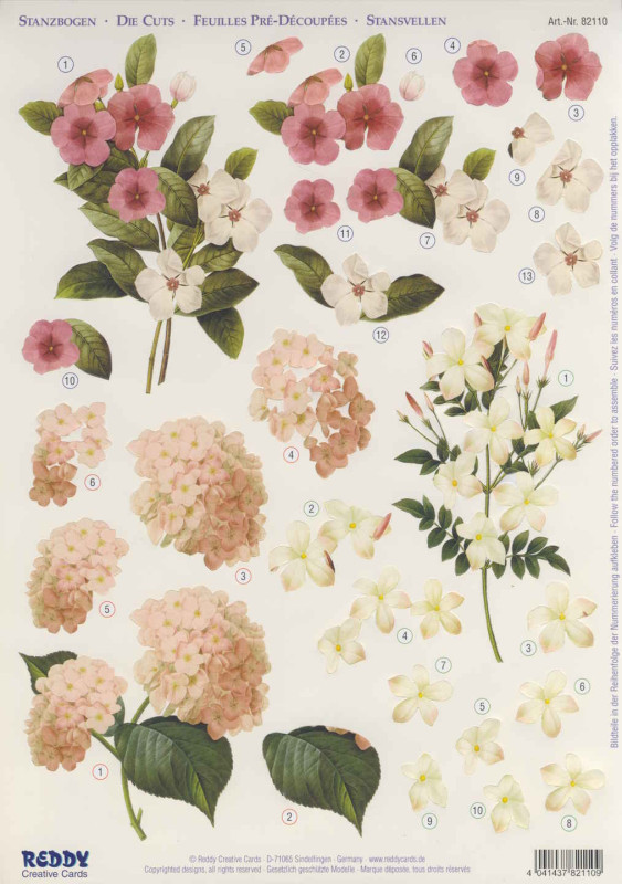82110 3D Stanzbogen A4 Immergrün Jasmin und Hortensie