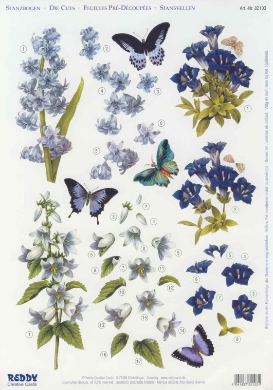 82103 3D Stanzbogen A4 Blumen blau
