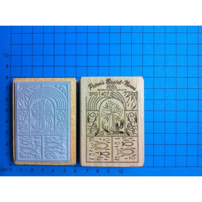 SPG1407 Stempel Kommunion Mosaik Kreuz und Fisch 5x7cm