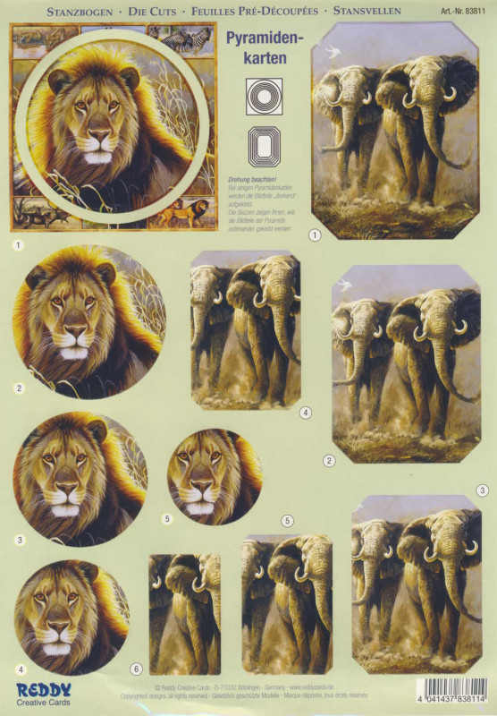 83811 3D Stanzbogenset A4 Pyramidenkarten Tiere Löwe und Elefant