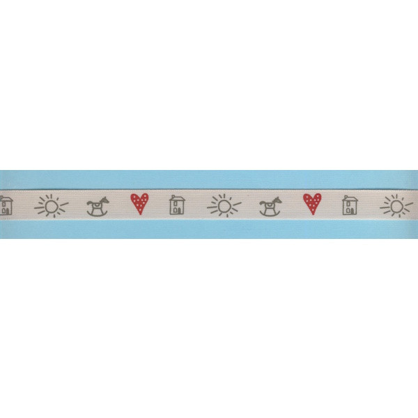 4408-15791 Deko Band Polyester 15mm Haus Schaukelpferd hellgrau rot