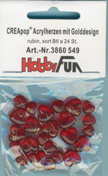 3860549 Acrylperlen Herzen mit Golddesign rubin 24 Stück